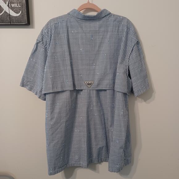 Columbia Men's Size XXL 2X PFG Short Sleeve Cotton Blue Check and Fish Pattern - Picture 2 of 9